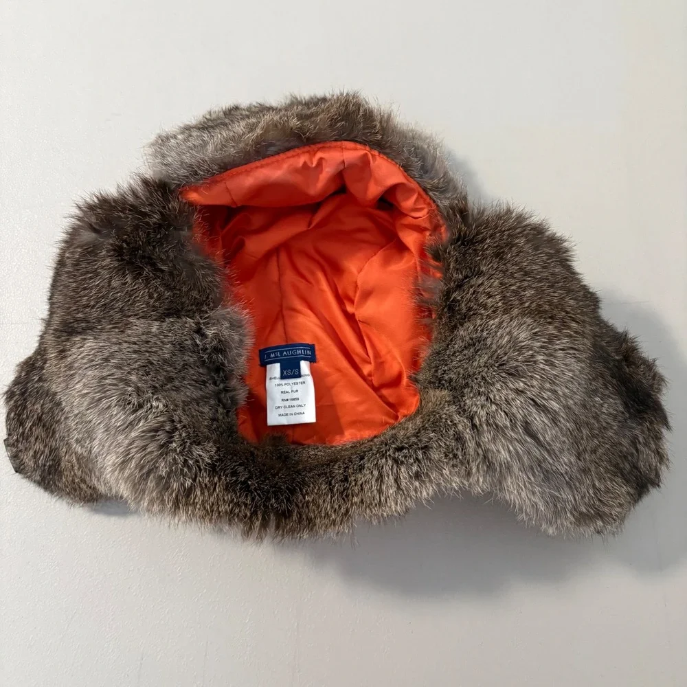 J. McLaughlin Orange Quilted Trapper Hat Real Fur Trim Ear Flaps XS/S Winter
